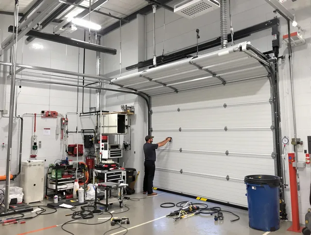 Matthews Garage Door Repair certified technician performing commercial door repair at a Matthews business facility