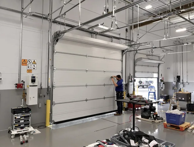 Commercial garage door repair being performed by Matthews Garage Door Repair expert in Matthews