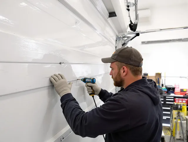 Matthews Garage Door Repair technician demonstrating precision dent removal techniques on a Matthews garage door
