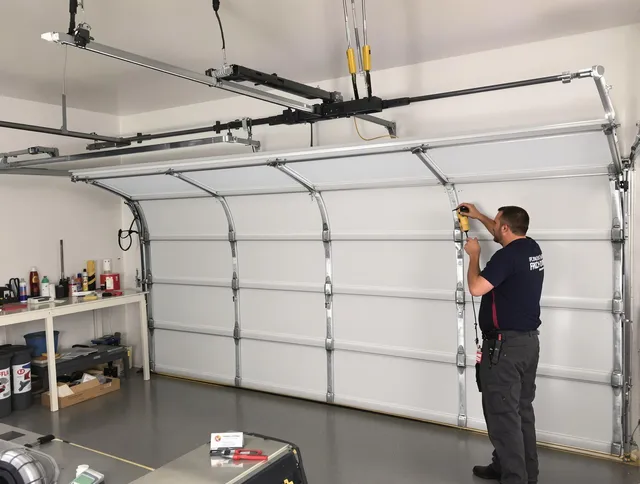 Matthews Garage Door Repair certified technician performing overhead door system repair in Matthews
