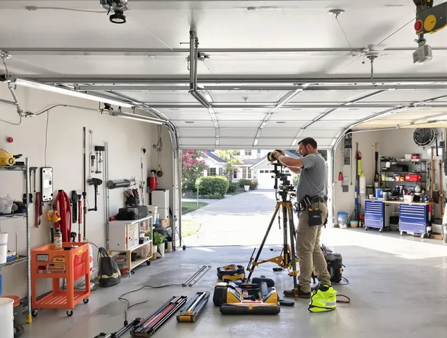 Matthews Garage Door Repair specialist performing laser-guided track alignment in Matthews